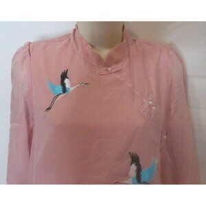 Pink Sheer Lined Blouse Women’s Small Embroidered Crane Bird Asian Style